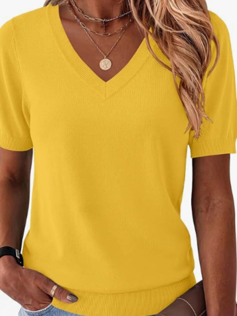 Yellow V-Neck Short Sleeve XL Women's Top